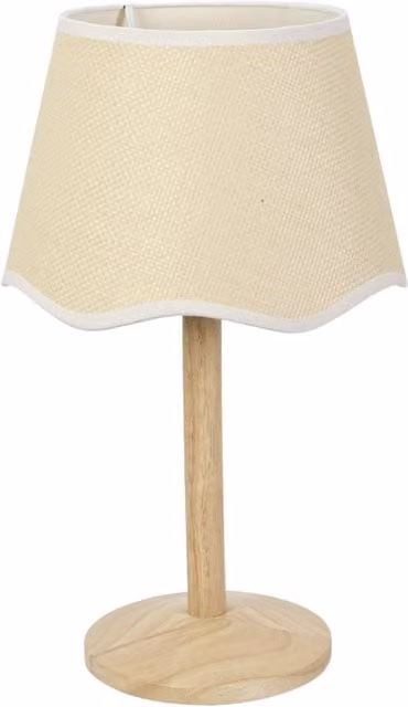 ValueLights Triston Scandinavian Table Lamp in Natural Light Wood with White and Beige Fabric Scallop Trim Shade