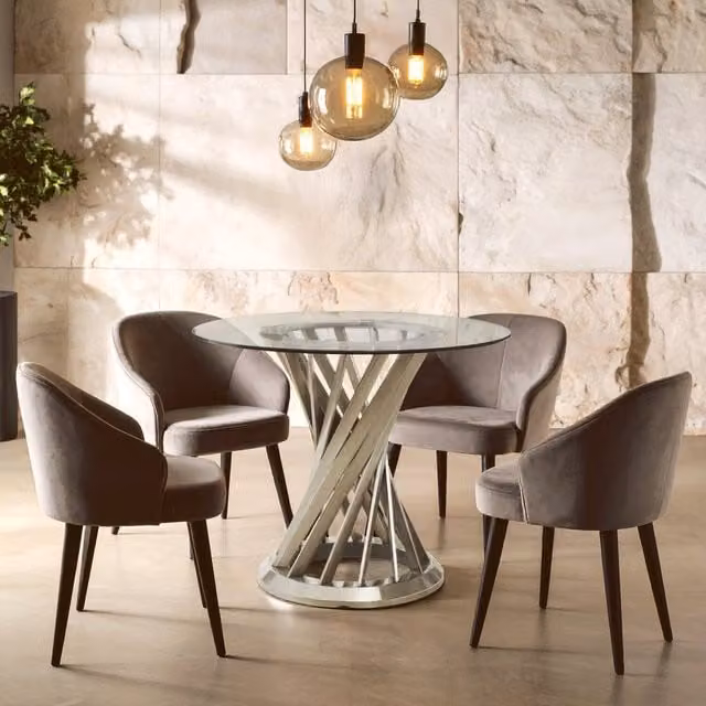 Orsina Anzio Round Clear Glass Top and Silver Hourglass Base Dining Table