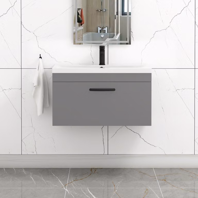 Royal Bathrooms Turin 800mm Wall Hung Vanity Sink Unit in Indigo Grey Gloss with Mid-Edge Basin and Matt Black Handle