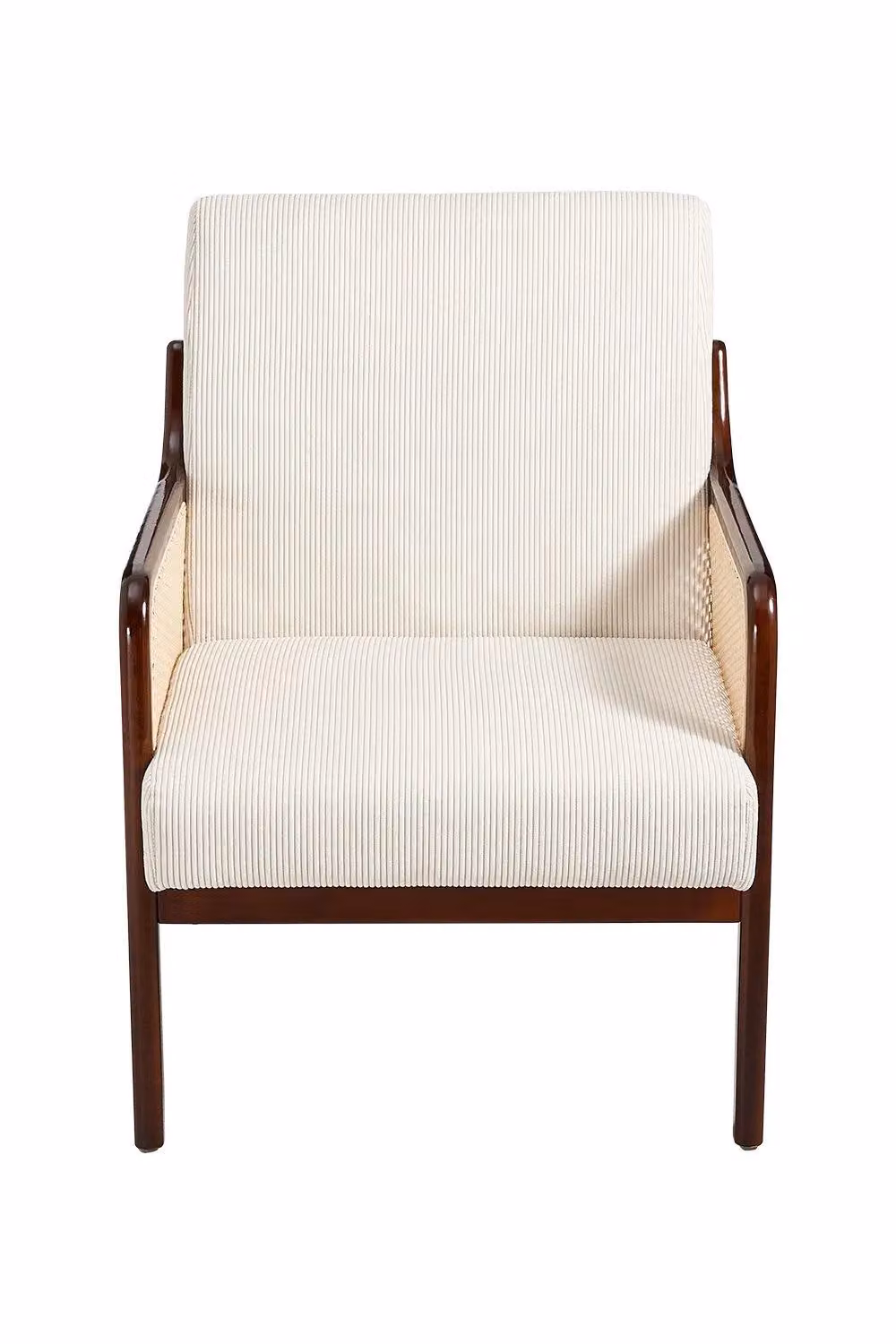 H&O Direct Beige Corduroy Upholstered Mid-Century Armchair with Rattan Armrests – 3