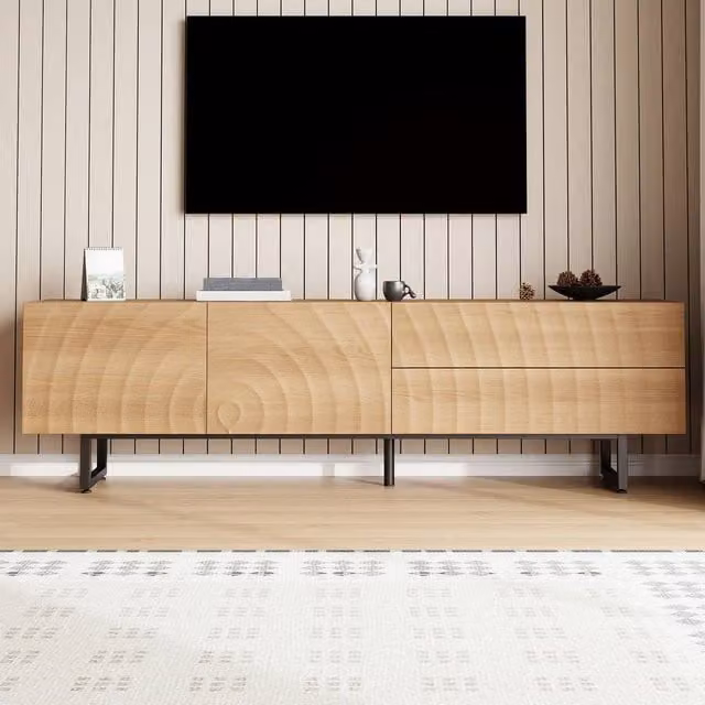 BTM Modern TV Stand Lowboard with 3D Texture Storage Cabinet in Natural Sand, W: 180 cm, D: 38 cm, H: 51.5 cm