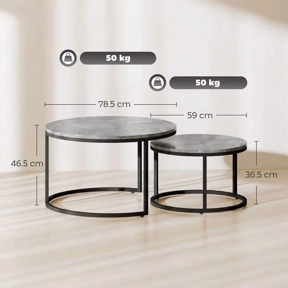 KORVIXA 2 Piece Round Stacking Coffee Table Set with Steel Frame in Grey and Black, W/D/H: 100 x 100 x 100 cm – 2
