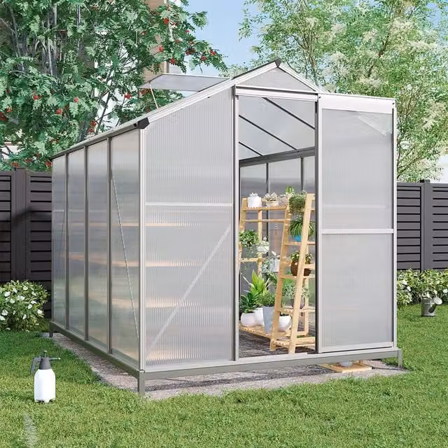 Breeins Aluminium Frame Greenhouse with Base and Window in Silver and Transparent, W/D/H: 253.5 x 190 x 190 cm