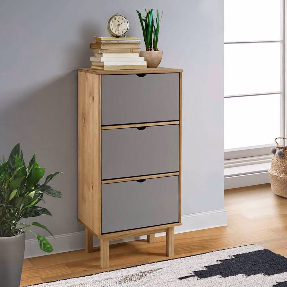 Berkfield Home OTTA Shoe Cabinet in Brown and Grey Solid Pine Wood with 3 Drawers and Tilting Compartments – 2