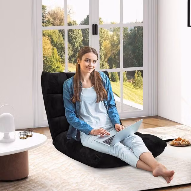 COSTWAY Adjustable Lazy Floor Sofa in Black Velvet Fabric