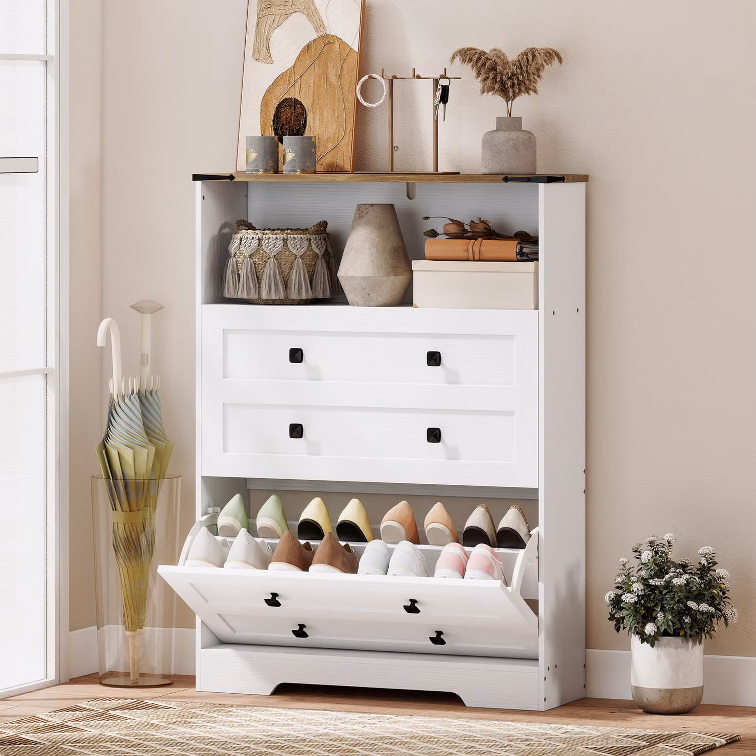 HOMCOM White Narrow Shoe Cabinet with 2 Tilting Compartments and Integrated Lighting – 2