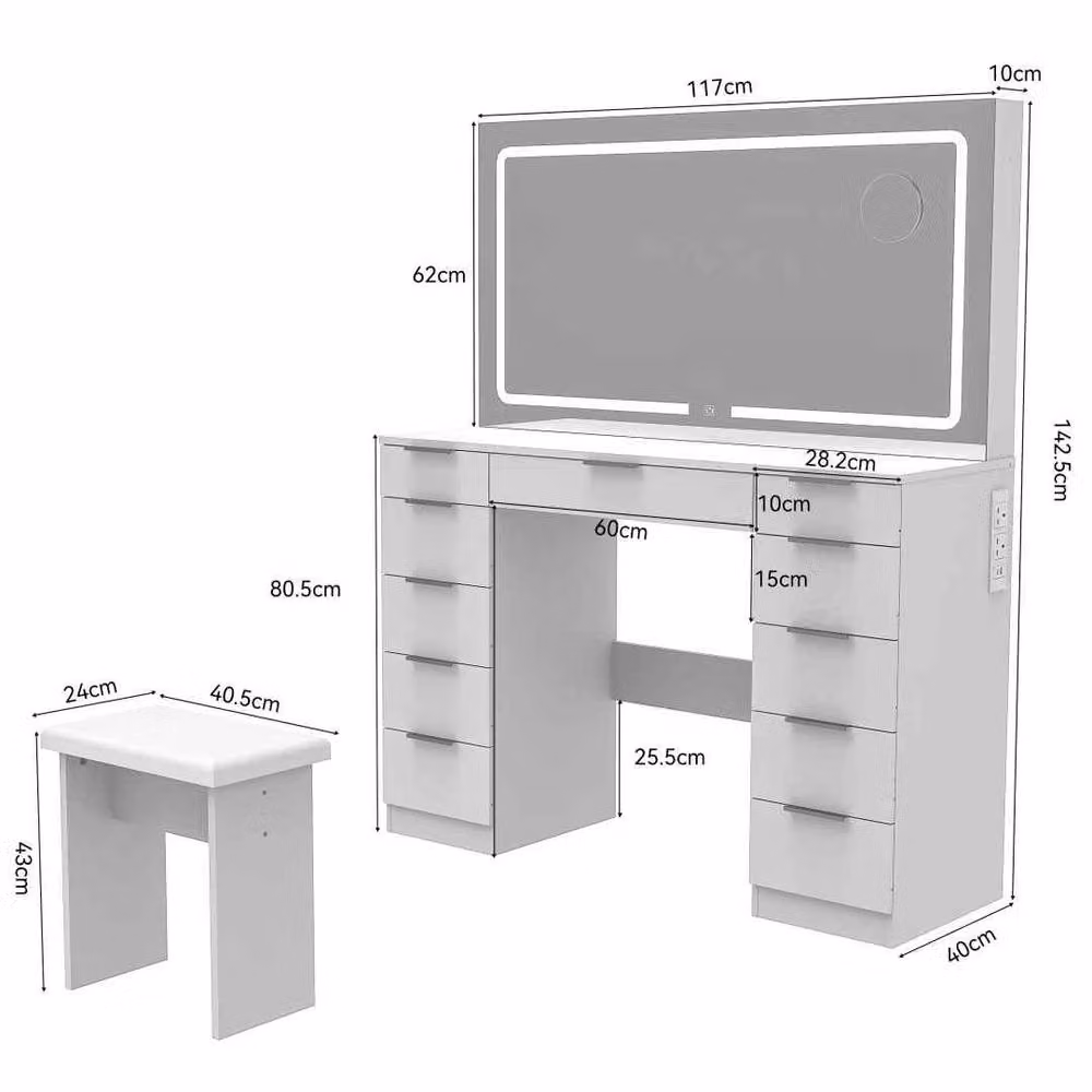 FLAVORA Large Hollywood LED Light Dressing Table with Drawers in White Glossy Finish, H 117.0 cm x W 142.5 cm – 2