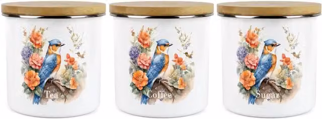 Purely Home Blue Bird Floral Ceramic Kitchen Canister Set of 3 in Blue and White