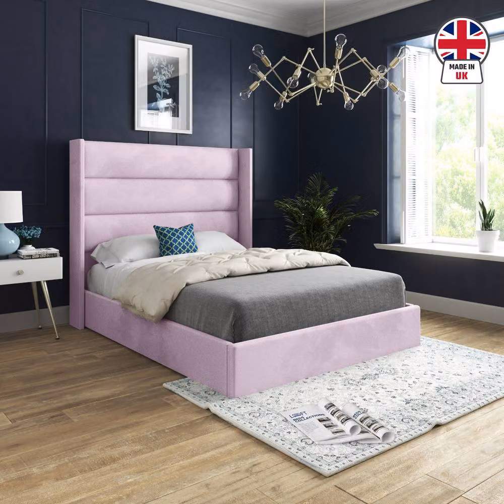 KDMD Shipbourne Winged Upholstered Single Bed Frame in Pink Soft Velvet – 3