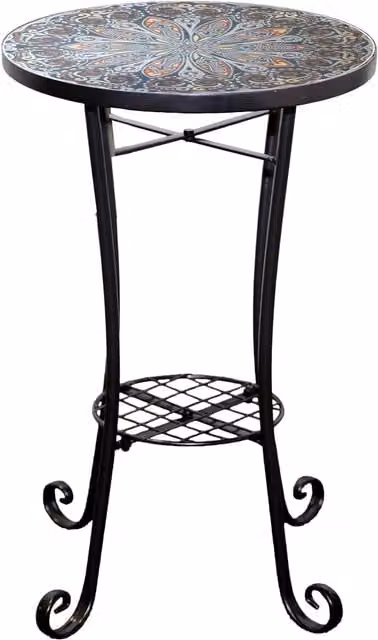 Shatchi Cairo Moroccan Mosaic Plant Stand Side Table with Geometric Metal Frame in Multicolour, Black and Silver