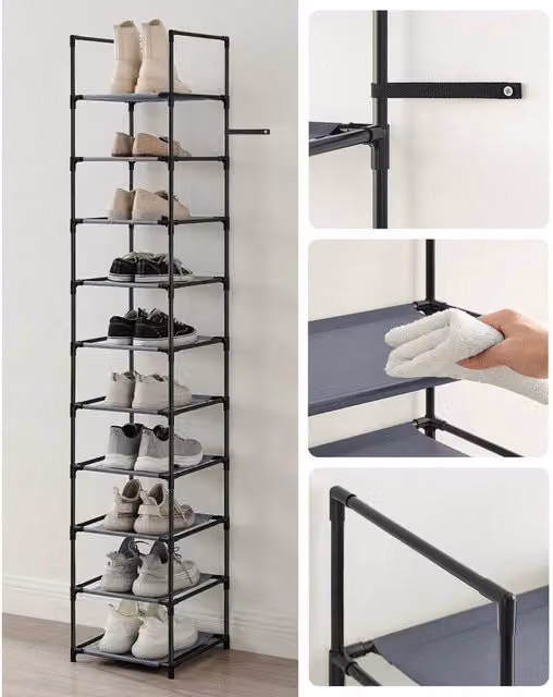 KORVIXA 10-Tier Metal Shoe Rack in Black, W: 100 cm, H: 173 cm, D: 33 cm