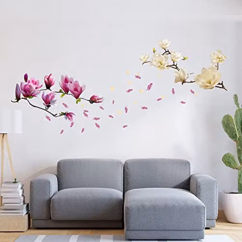 WALPLUS Pink and White Magnolia Flower Wall Sticker Mural, Removable Self-Adhesive Vinyl Decals, W: 42 cm, H: 107 cm, D: 0.02 cm – 2