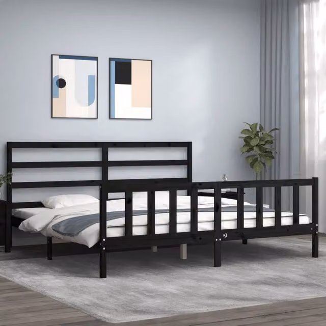 Berkfield Home Solid Wood Pine Bed Frame with Headboard in Black, 200 x 200 cm