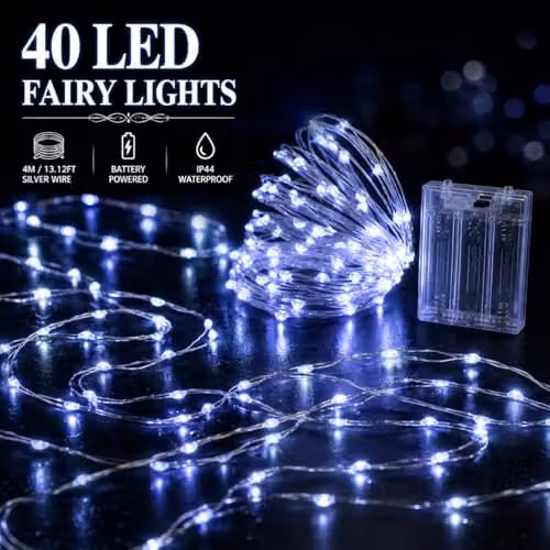 SHATCHI 2 Pack of 40 LED Fairy String Lights, 4m, Cool White, Silver Wire, Battery Operated, Waterproof IP44 – 2