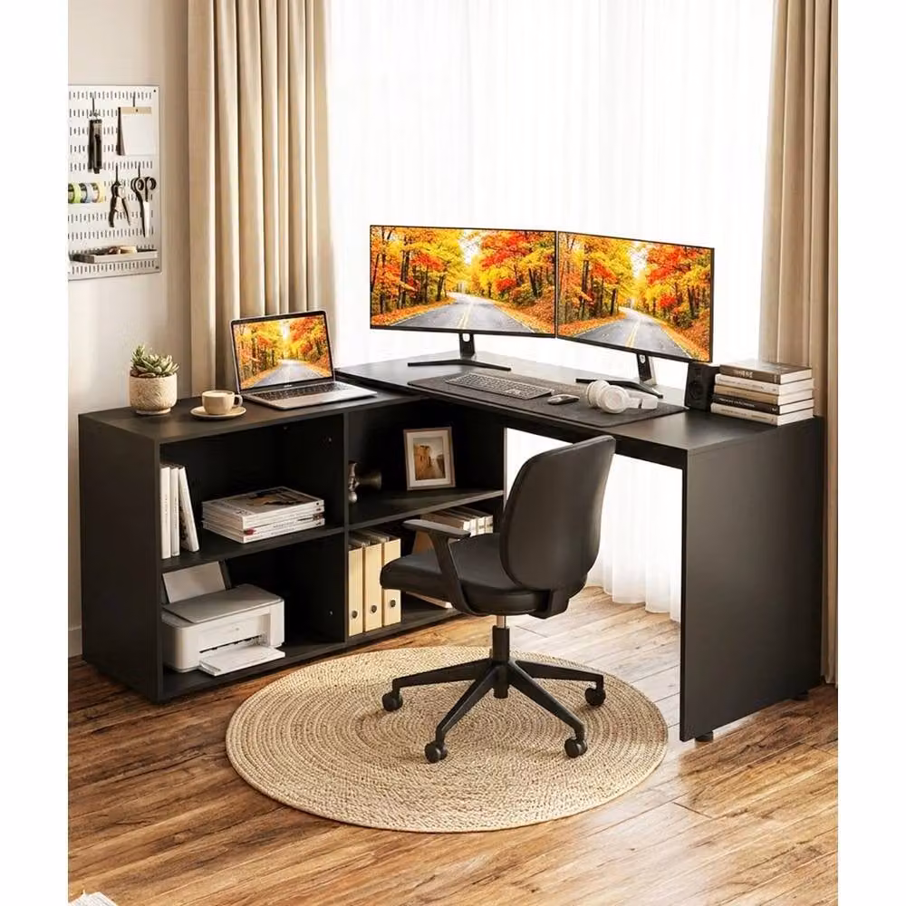 NESTLUNE L-Shaped Corner Computer Desk in Black with 4 Storage Shelves, W/D/H: 100 x 100 x 100 cm – 3