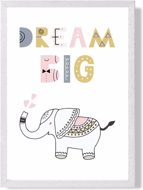 ARTZE Dream Big Elephant Scandi Quote Framed Paper Poster, Pink and White Frame, A3