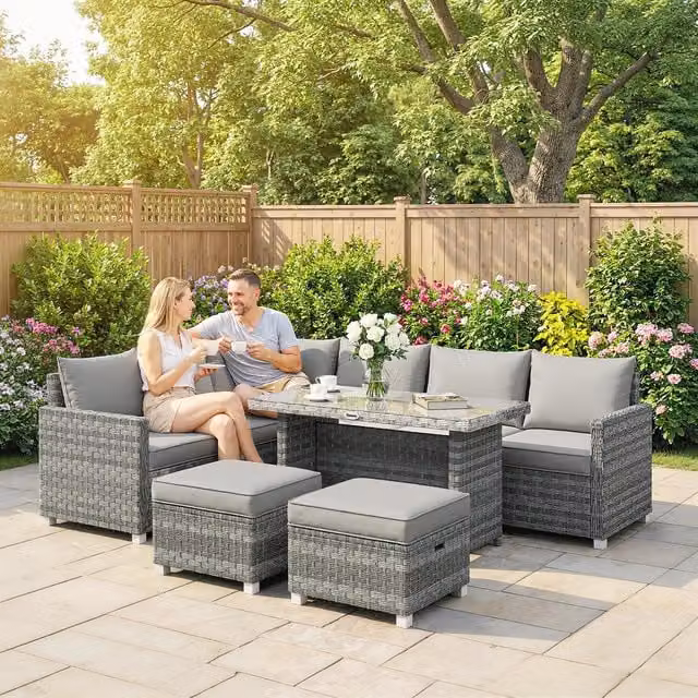 Outsunny 6 Seater Modern Rattan Garden Furniture Set with Cushions and Glass in Grey