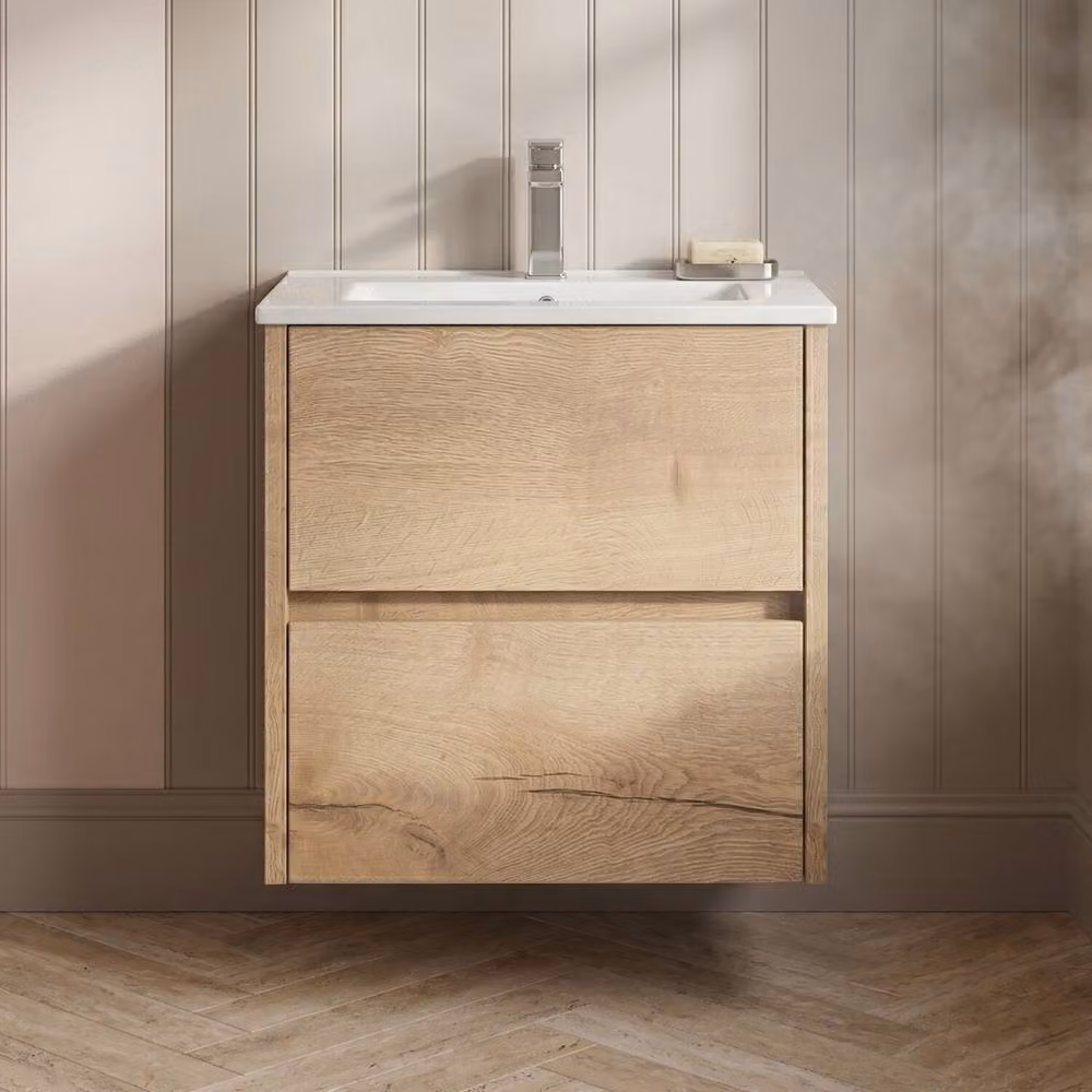 Balterley Chartley 2 Drawer Wall Hung Vanity Basin Unit in Autumn Oak Brown, Width: 50 cm – 2