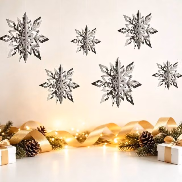 Lovii 6-Piece Silver 3D Snowflake Hanging Paper Decorations for Christmas and Winter Parties