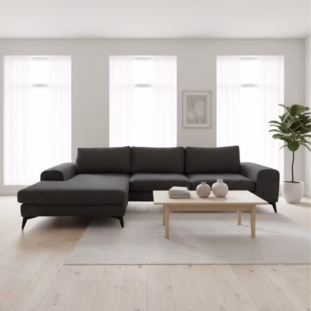 Abakus Direct Venice Black Chenille Left-Hand Corner Sofa with Deep Seats and Extra-wide Padded Arms
