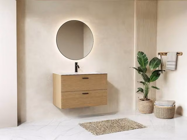 Vente-unique Striped Wall-Hung Vanity Unit with 2 Drawers in Light Oak, W/D/H: 80 x 46 x 55 cm