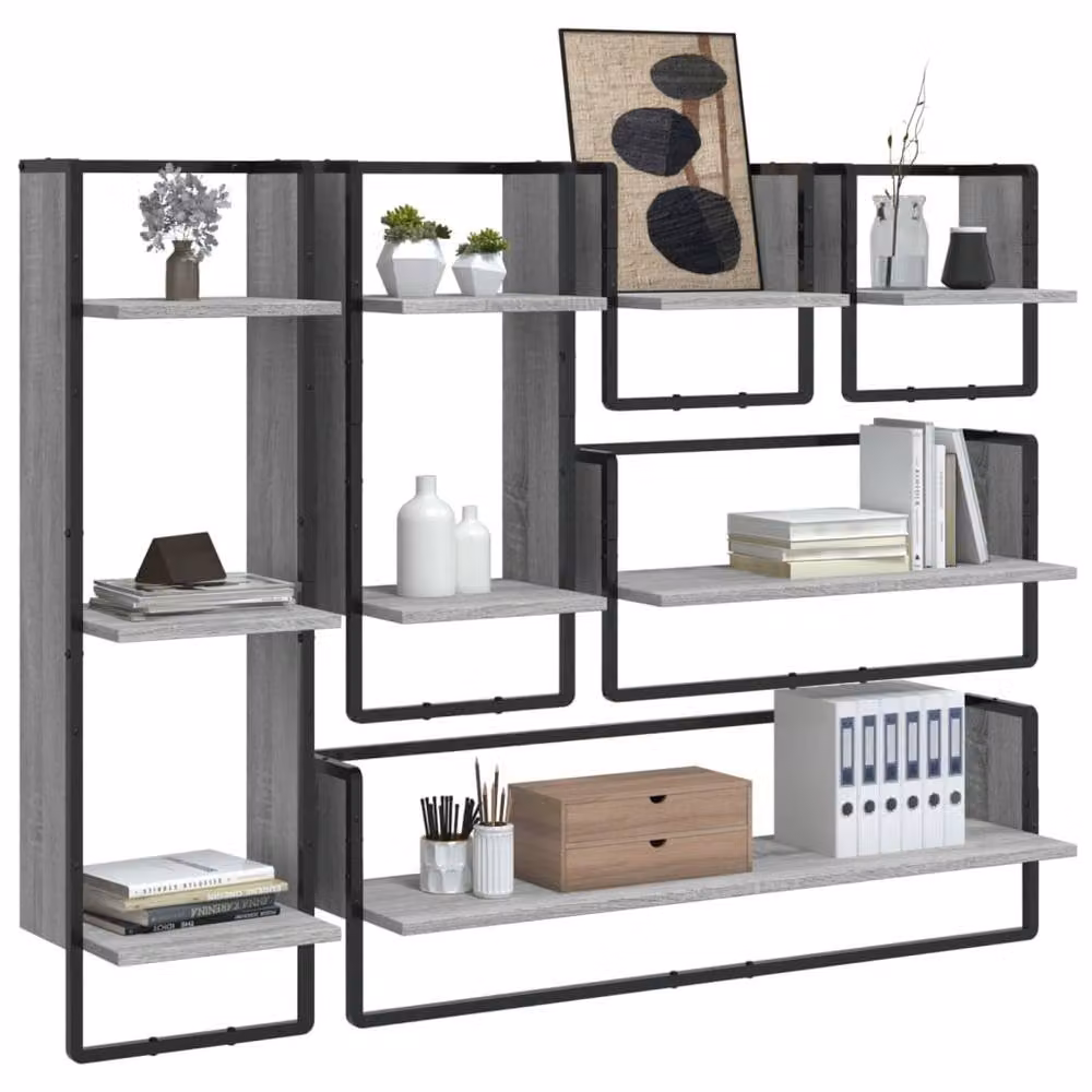Berkfield Home 6 Piece Grey Sonoma Wall Mounted Shelf Set with Hanging Rods – 3