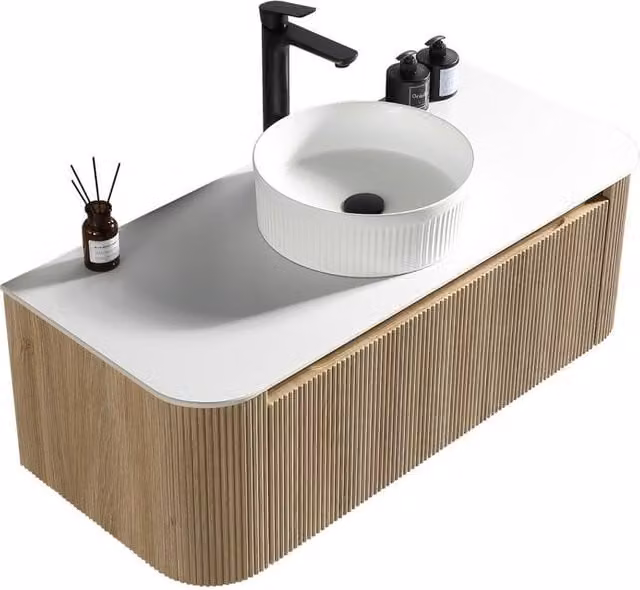 Bathroom Kingdom Flauto Oak Wall Hung Vanity Basin with Soft Close Doors and Internal Drawers, Width: 107 cm