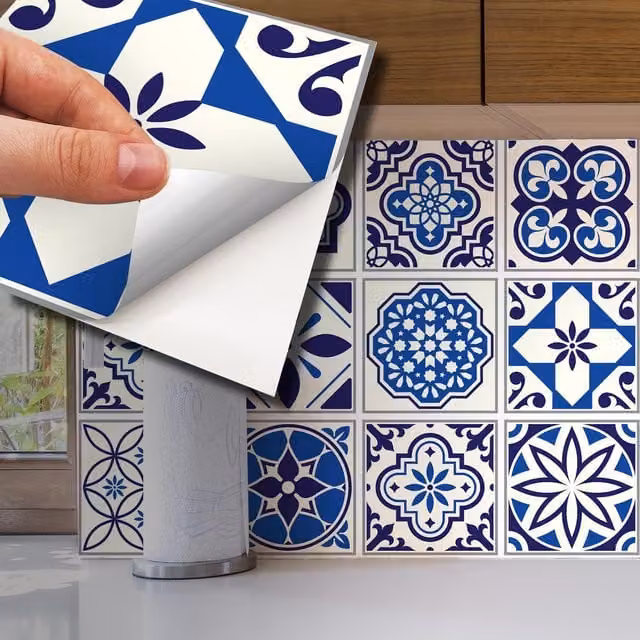 Walplus Wall Tile Stickers in White and Blue, 24 Pack, 15 x 15 cm