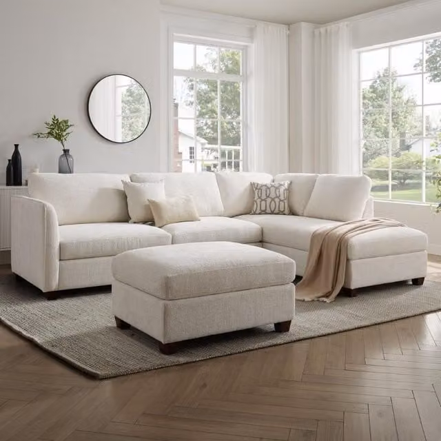 Home Detail Ben Right-Hand Corner Sofa with Matching Ottoman in Cream Beige Fabric – 1