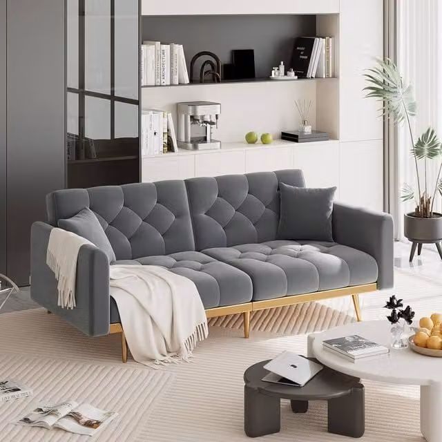 Direct Wicker Modern Grey Velvet Fabric 2-Seater Sofa Bed with Adjustable Headrest and Solid Wood Frame