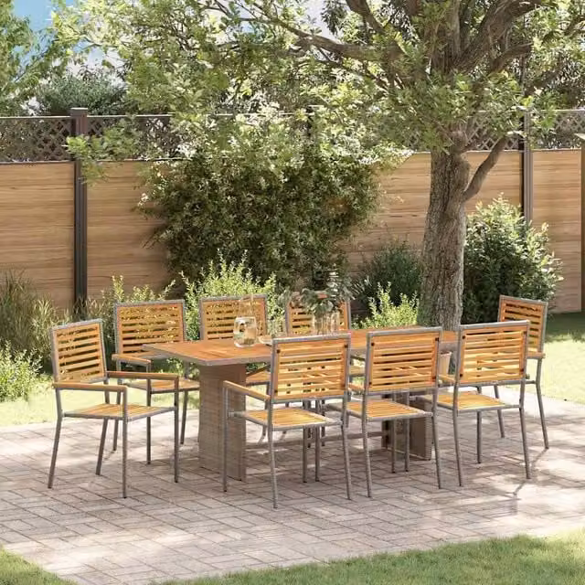 Berkfield Home 9 Piece Grey Poly Rattan and Acacia Wood Garden Dining Set – 1