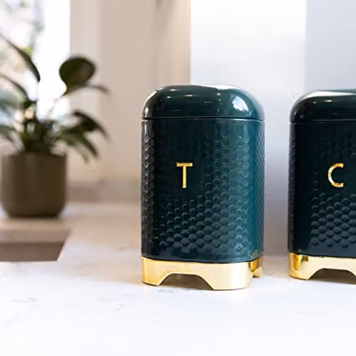 Lovello Tea Container in Green and Gold with Retro Curves and Textured Finish, H x W x D: 19.5 x 11.5 x 11.5 cm – 3
