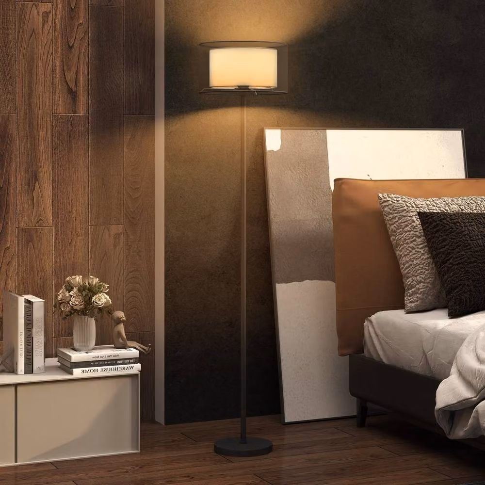 Wyld Haus Mira Minimalist Black Metal Floor Lamp with Double Layer Fabric Shade, H 152.5 cm x W 33 cm x D 33 cm – 3