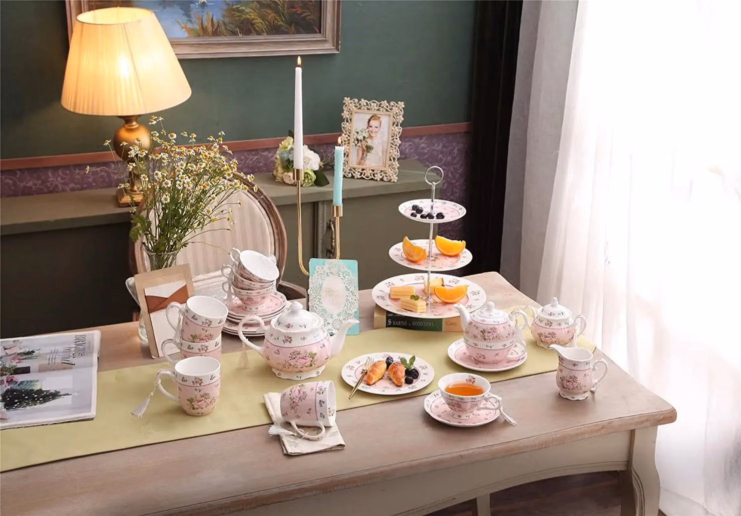 London Boutique Rose Pink Floral Porcelain Coffee and Tea Cup and Saucer Set of 2 – 2