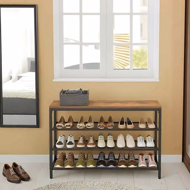 The Bazaarist 3 Tier Industrial Shoe Rack with Adjustable Metal and MDF Shelves, Brown and Black, W/D/H: 72.0 x 30.0 x 30.0 cm