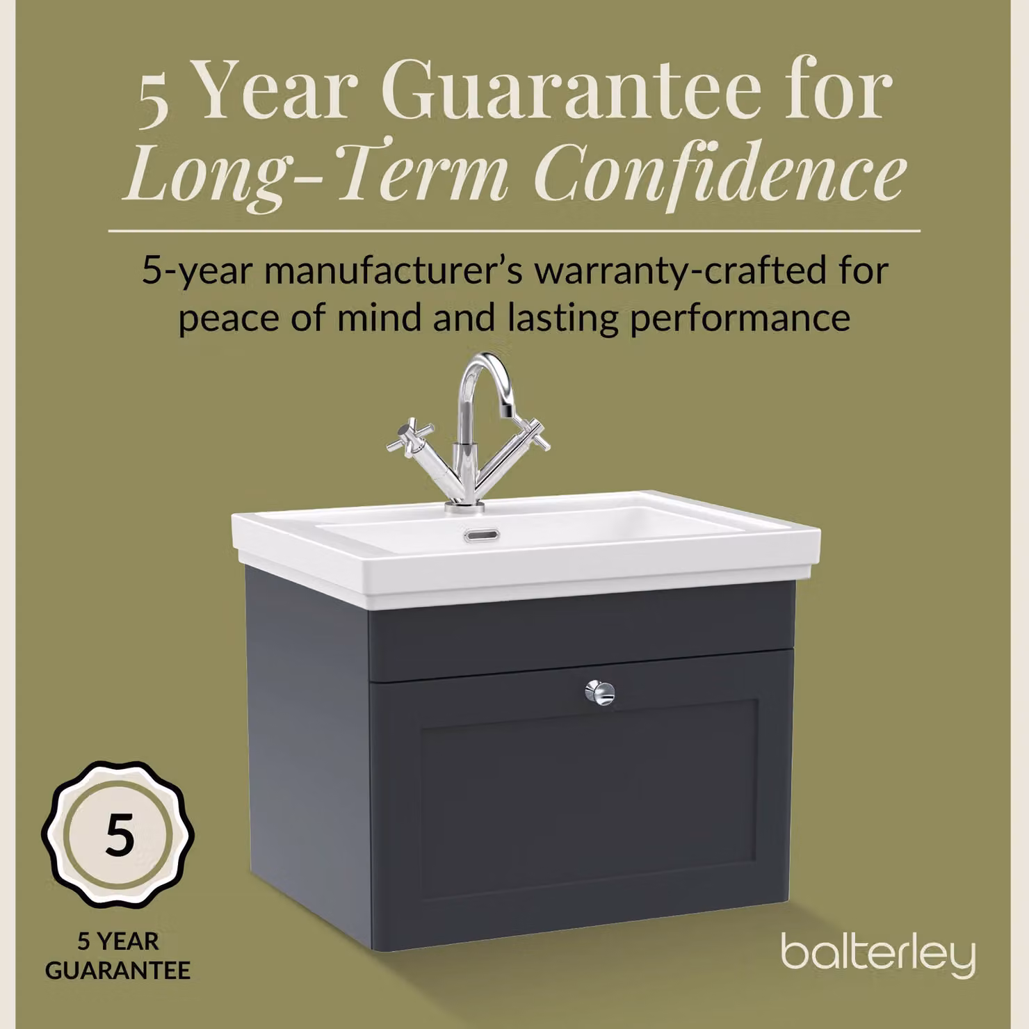 Balterley Wall Hung 1-Drawer Bathroom Vanity Unit and Fireclay Basin, Grey, W: 60 cm – 4
