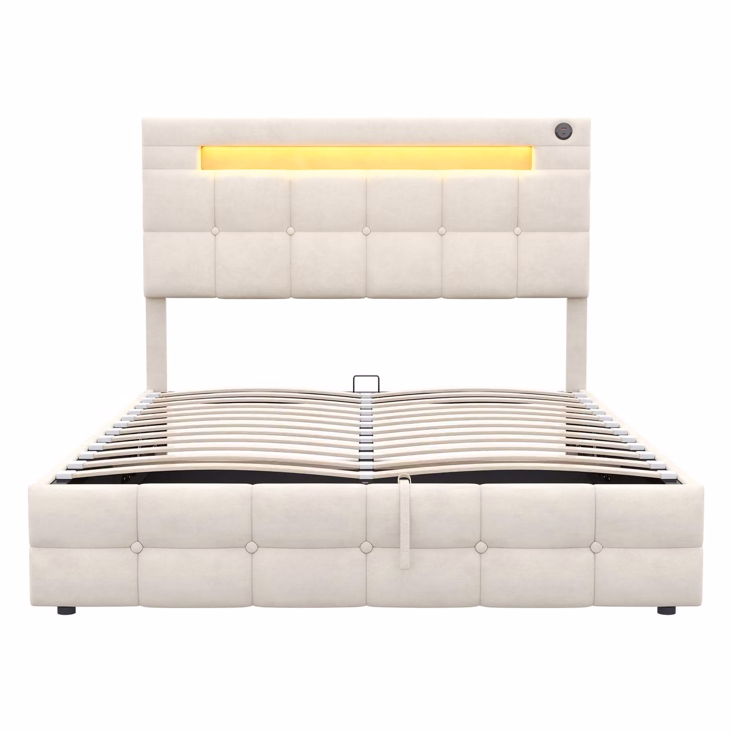 Aosom UK Beige Velvet LED Double Upholstered Bed Frame with Charging Station and Hydraulic Storage, W/D/H: 142 x 202.5 x 108 cm – 2