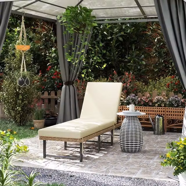 Outsunny Folding Rattan Sun Lounger with Adjustable Backrest and Weatherproof Cushion in Beige