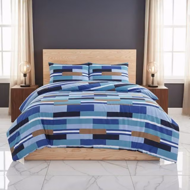 Snug City Modern Blue Geometric Colour Block Duvet Cover and Pillowcase Set, Super King, 200 x 200 cm