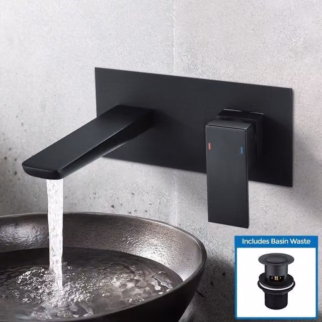 Nes Home Keninton Wall Mounted Basin Mixer Tap and Pop Up Waste in Matt Black – 1