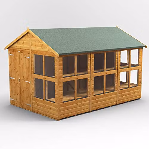 POWER Apex Potting Wooden Shed with Double Doors and Windows in Brown, W/D/H: 384.25 x 258.0 x 240.38 cm