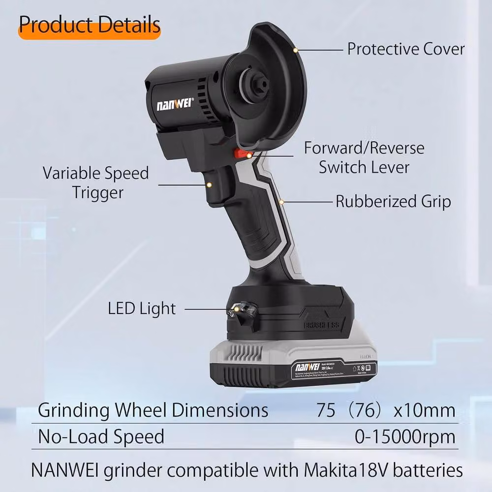 NANWEI Compact Cordless Angle Grinder 76mm in Black and Multicolour for Cutting, Grinding and Polishing – 5