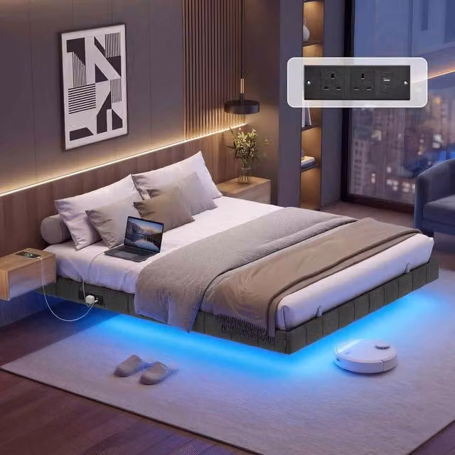 The Bazaarist Floating King Bed Frame with LED Under-Bed Lighting and USB Charging Station, Upholstered Fabric Platform Bed in Grey, W/D/H: 150 x 200 cm