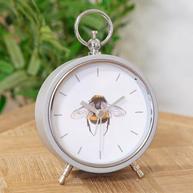 Hestia Bumblebee Modern Analog Metal Tabletop Mantel Alarm Clock in Grey, Silver and White