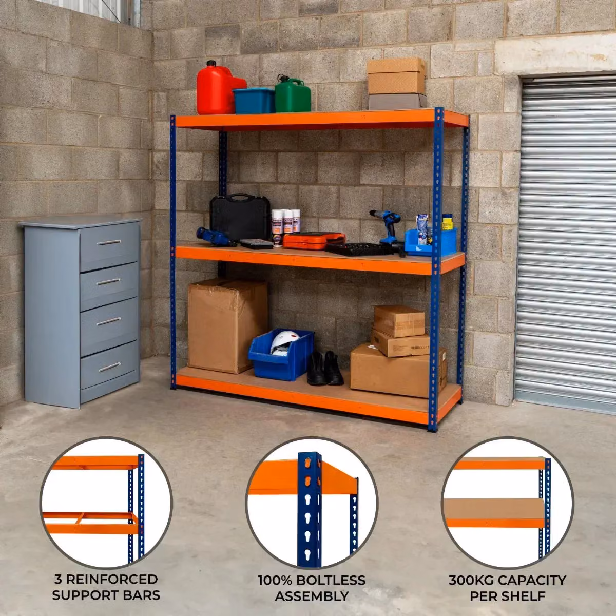 Monstershop S-Rax 3 Shelf Industrial Racking in Blue, H x W x D: 180 x 180 x 60 cm – 2
