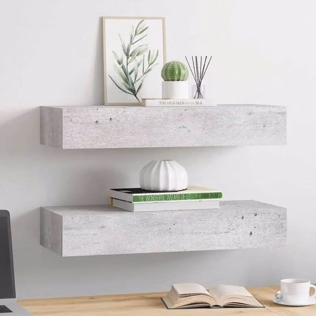 Berkfield Home Wall Mounted Drawer Shelves, 2 Pack, Concrete Grey MDF and Metal, W: 60 cm, D: 23.5 cm, H: 10 cm