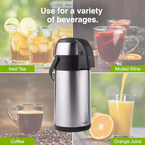 VonShef 3L Stainless Steel Double-Wall Insulated Vacuum Airpot Coffee and Tea Dispenser in Silver with Safety Lock and Carry Handle – 6
