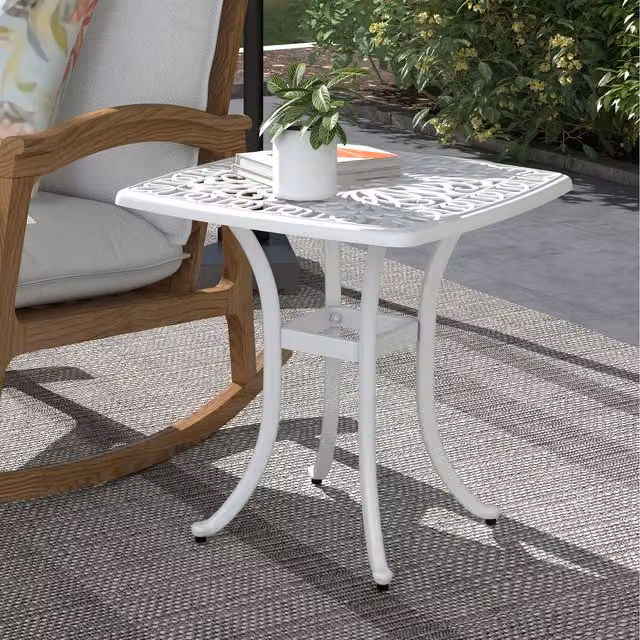 Outsunny White Metal Outdoor Square Side Table with Umbrella Hole and Floral Design