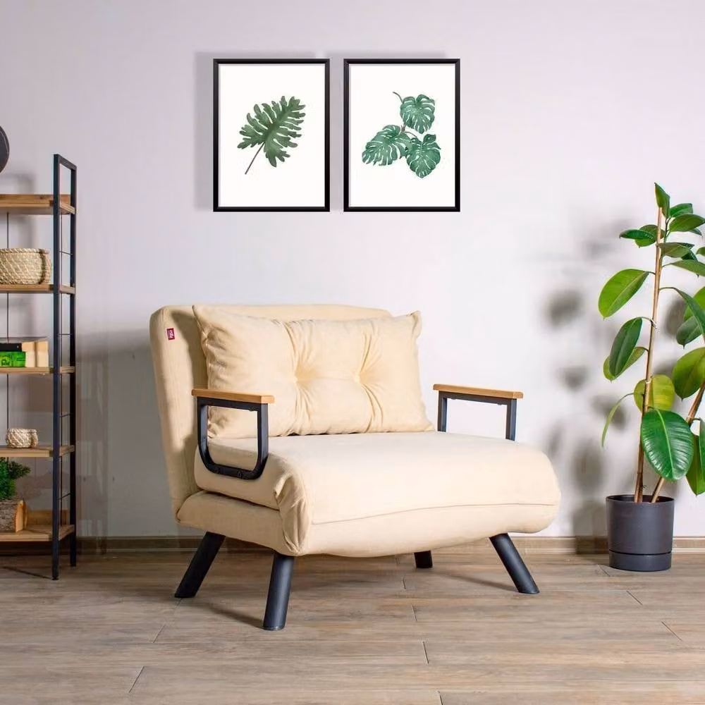 CALICOSY SANDO Convertible Fabric Armchair with Metal Legs in Beige, Width: 67 cm – 2
