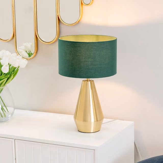 ValueLights Jax Antique Brass Dimmable Touch Table Lamp with Green Fabric Drum Shade and LED Bulb